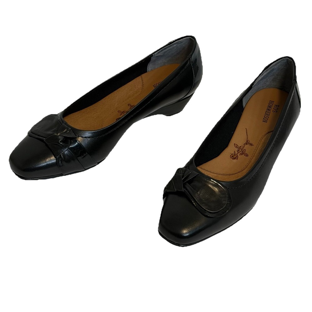 Ros Hommerson Womens Black Leather Comfort Flats Low Wedge Bow Slip On Approx 8
